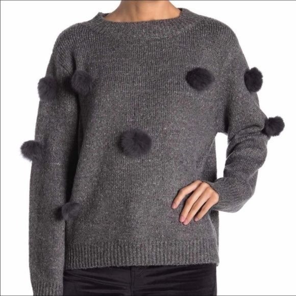 CLICHE Michelle Nicole Genuine Rabbit Fur Pompom Sweater - NWT - Large - Picture 1 of 3
